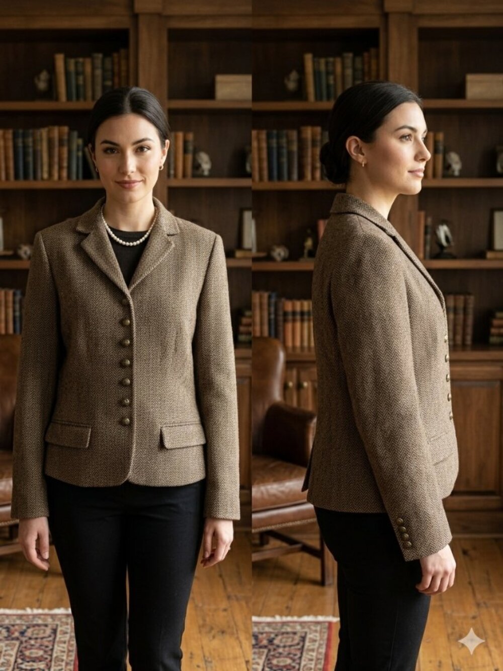 Chaps Womens Herringbone Brown/Khaki Blazer Wool Blend Bronze Buttons Size Large - Picture 2 of 9